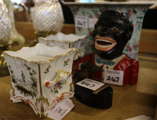 Money box, pill box, Chinese jardiniere & 2 pots(5)